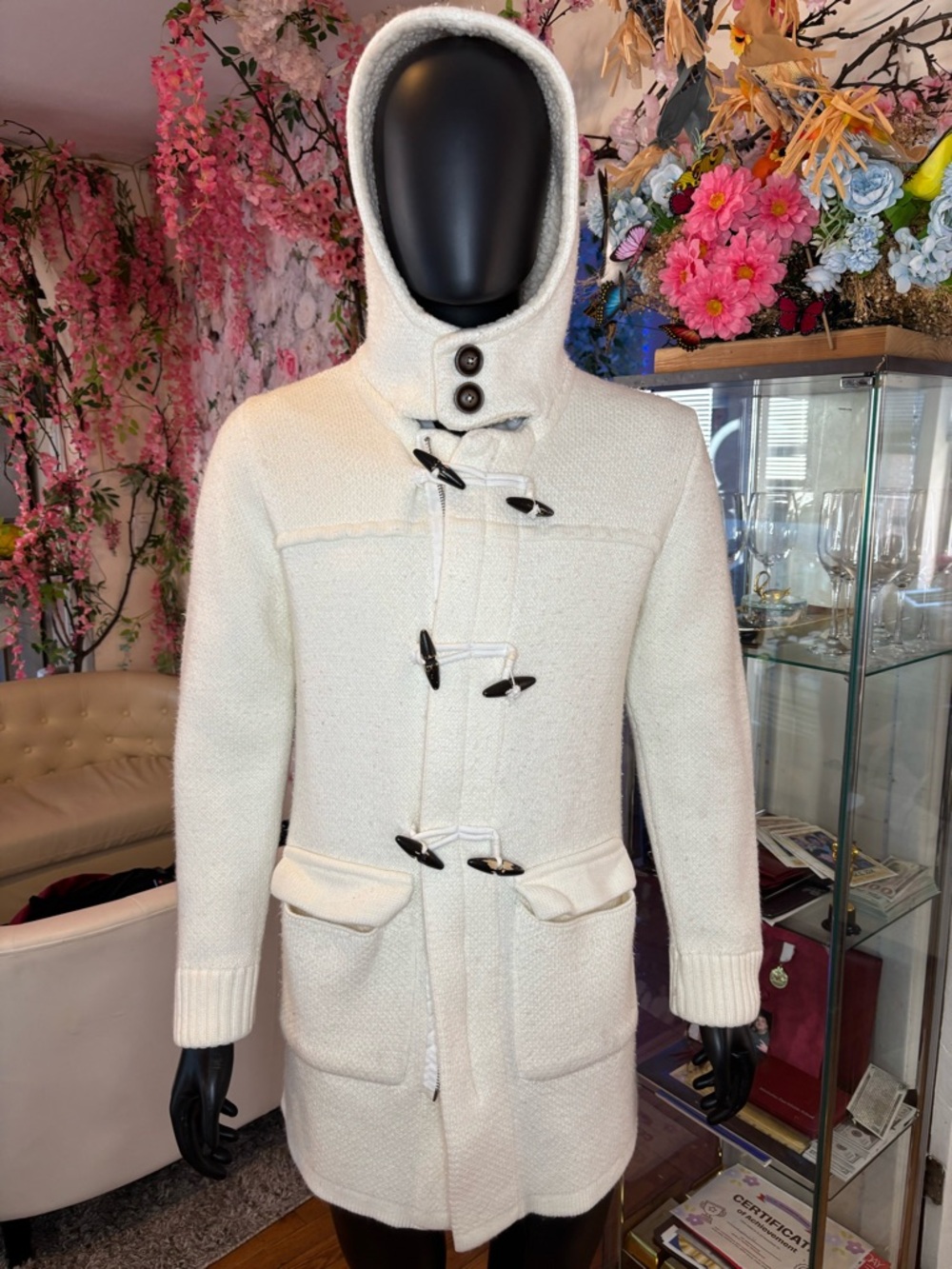 Ivory Hooded Toggle Coat